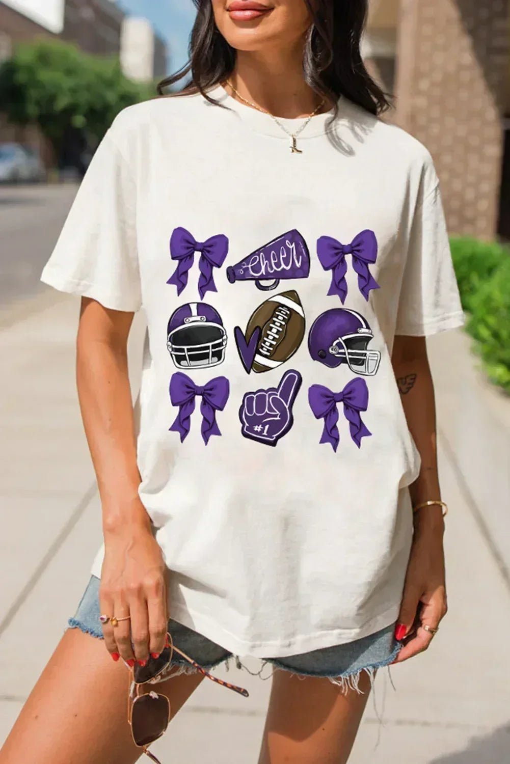 Game Day Rugby Tee: White Cheer Helmet &amp; Bow Graphic T-Shirt