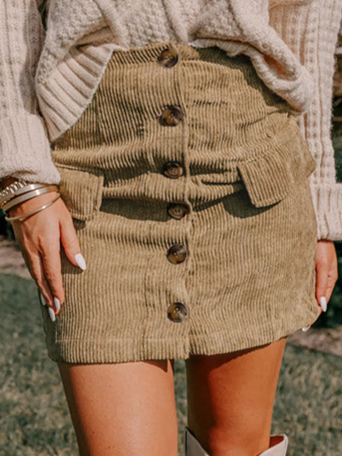Corduroy Buttoned Front Mini Skirt