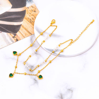Fashionable Double-Layer Zircon Heart Pendant Anklet