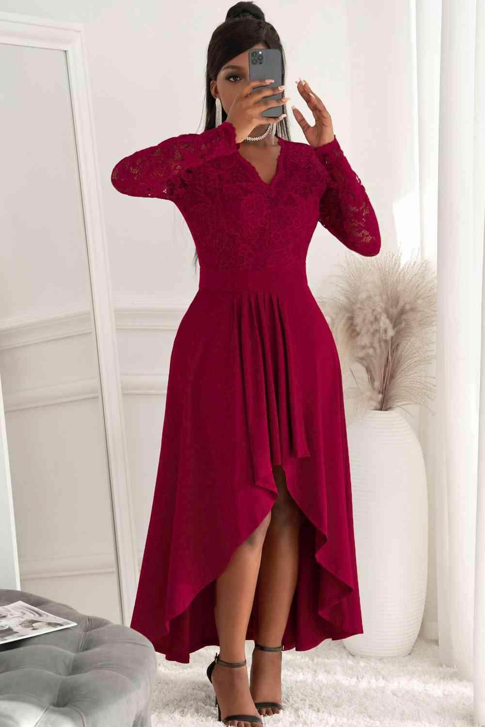 Lace High-Low V-Neck Dress for Elegant Evening Wear