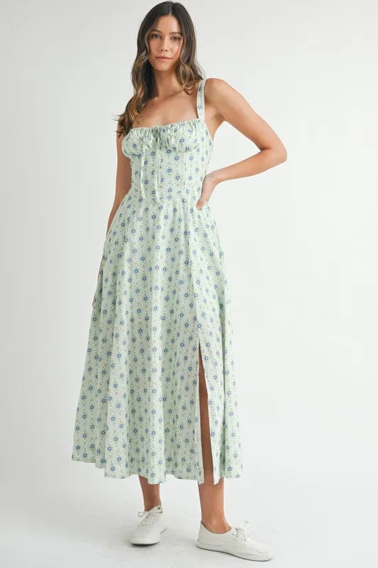 MABLE Floral Print Bustier Back Lace Up Midi Dress