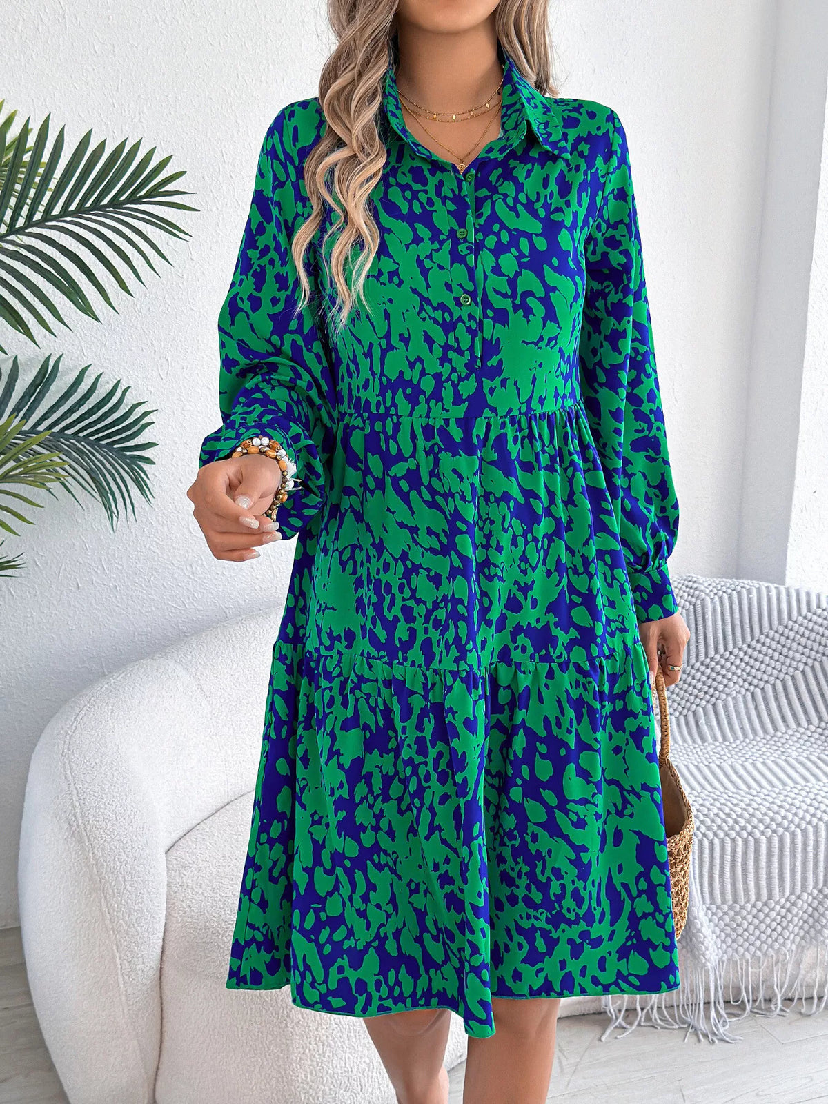 Printed Collared Neck Long Sleeve Dress