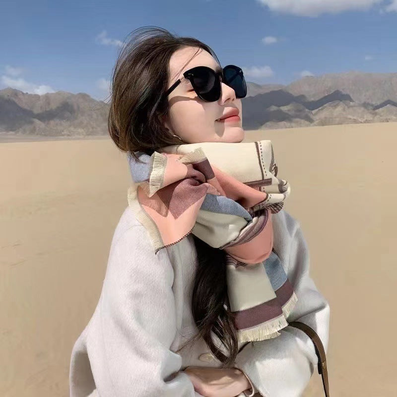 Korean Style Contrast Color Artificial Cashmere Scarf Women&