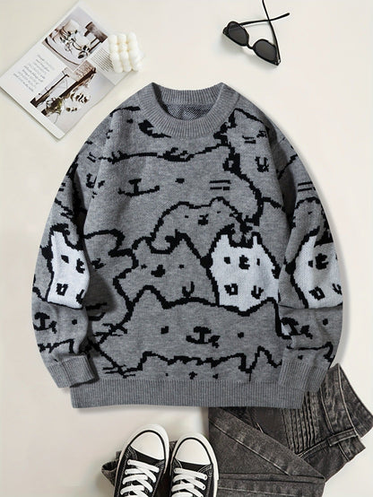 Mens Cute And Quirky Cat-print Knit Sweater
