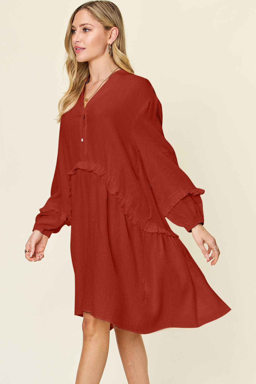 Textured Half-Button Ruffle Trim Dress