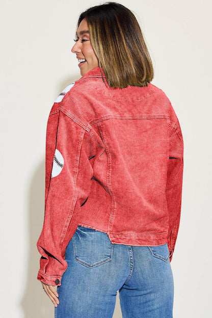 Baseball Sequin Dropped Shoulder Raw Hem Jacket for Women