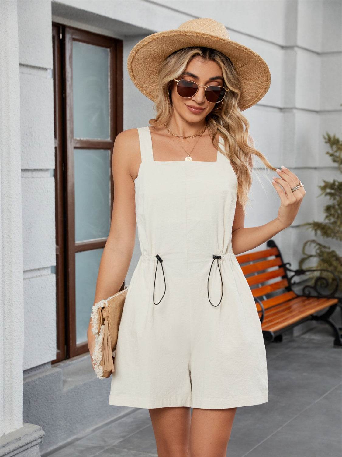 Drawstring Wide Strap Romper with Pockets