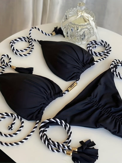 New Festival Flame Halter Bikini Set for Women – Triangle V-Neck Backless Two-Piece Swimsuit with Tie Side Bottoms &amp; Adjustable Lace-Up Fit – Sleek Polyamide Swimwear for Koningsdag/King’s Day &amp; Summer Beach Celebrations
