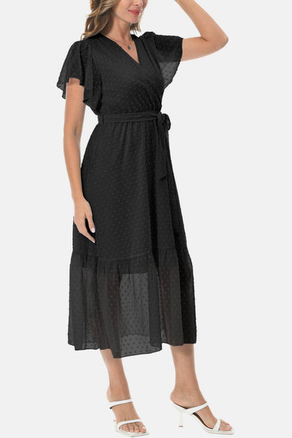 Surplice Neck Flutter Sleeve Tied Dress for Chic Style