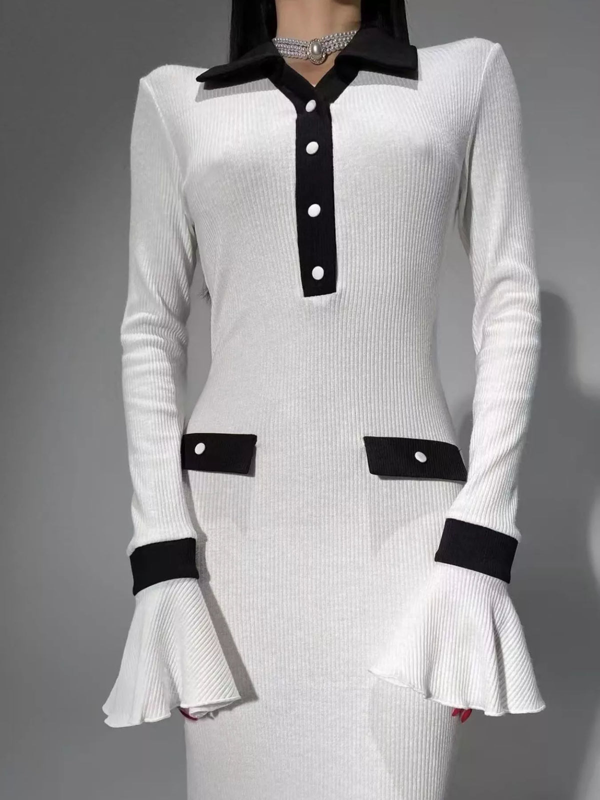Contrast Collar Long Sleeve Maxi Sweater Dress