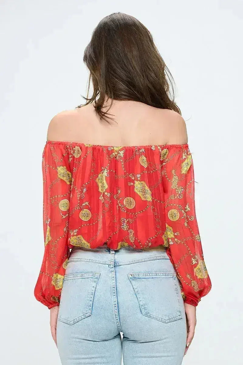 Off-Shoulder Chain Print Crop Top - Red &amp; Black Chiffon Blouse - Femstylo