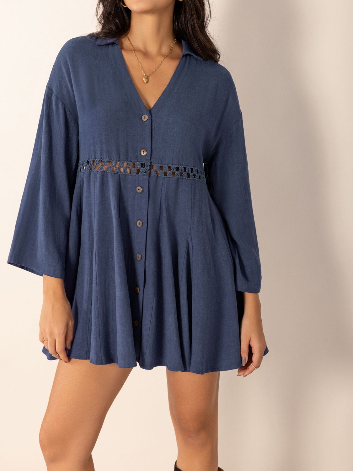Dusty Blue Long Sleeve Mini Dress Elegant Cutout &amp; Buttoned Design Lightweight Women Dress