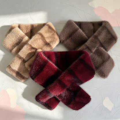 Striped Color Contrast Soft Plush Cross-hole Scarf With Retro And Sophisticated Style, Suitable For Autumn And Winter Commuting And Traveling Outfits.