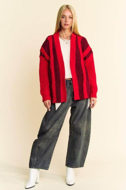 Davi &amp; Dani Cable-Knit Color Block Open Front Cardigan Cozy