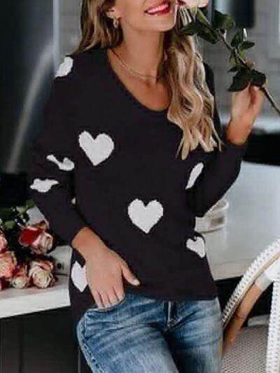 Heart Scoop Neck Long Sleeve Sweater for Women Cozy Style
