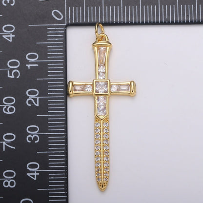 Baguette Cubic Cross Pendant, CZ Sword Pendant, Earrings pendant, Bracelet Charm, Necklace Pendant, 24k Gold Jewelry E-212