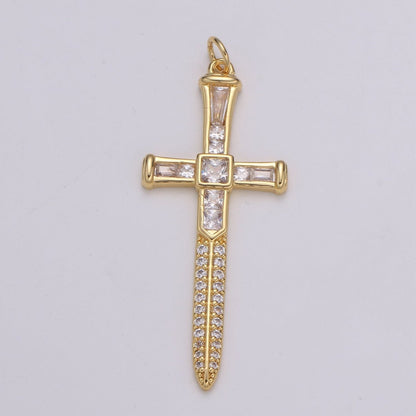 Baguette Cubic Cross Pendant, CZ Sword Pendant, Earrings pendant, Bracelet Charm, Necklace Pendant, 24k Gold Jewelry E-212