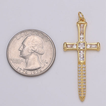 Baguette Cubic Cross Pendant, CZ Sword Pendant, Earrings pendant, Bracelet Charm, Necklace Pendant, 24k Gold Jewelry E-212
