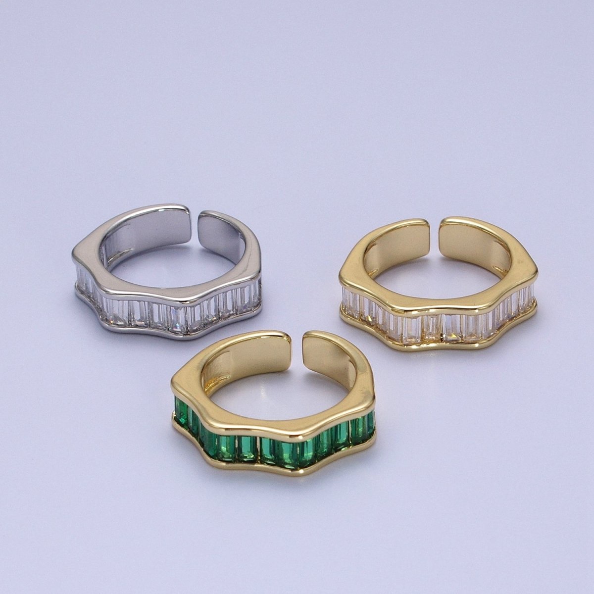 Baguette Cubic Zirconia Geometric Wavy Gold / Silver Adjustable Ring | O-056~O-058