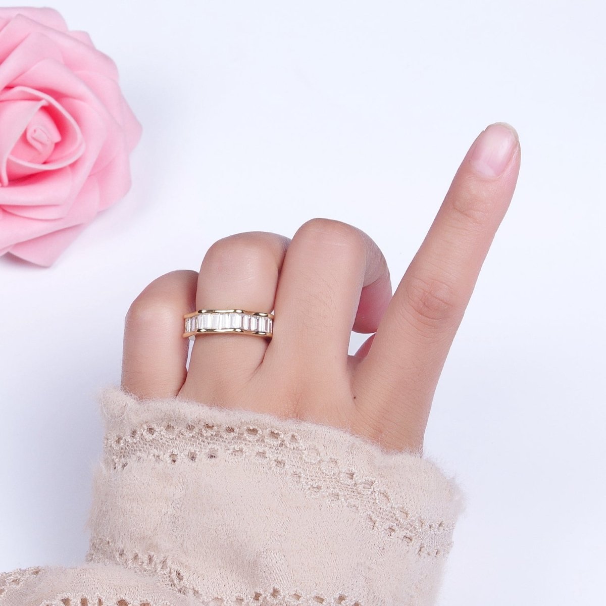 Baguette Cubic Zirconia Geometric Wavy Gold / Silver Adjustable Ring | O-056~O-058