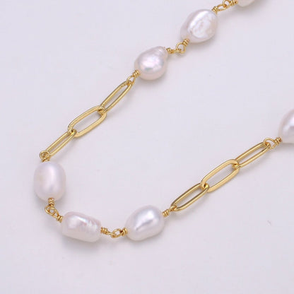 Baroque Mother Pearl 24K Gold Filled Charm Chain by Yard, White Fresh Water Pearl Chain | ROLL-354