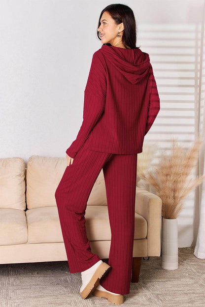 Basic Bae Full Size Ribbed Drawstring Hooded Top Set