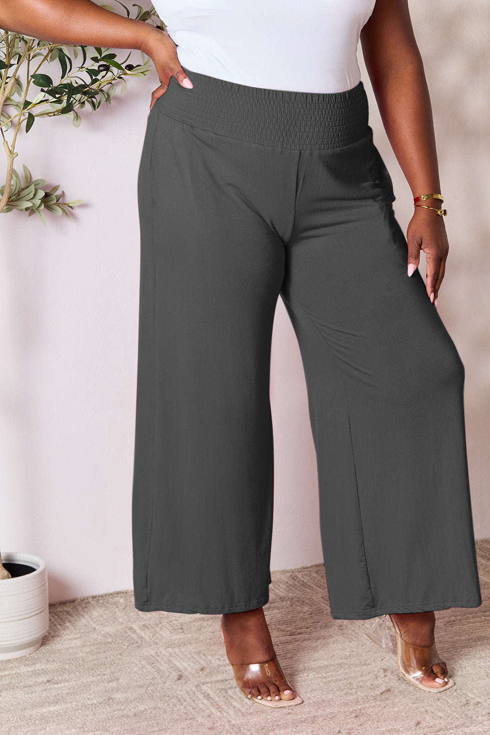 Smocked High-Waist Wide Leg Pants