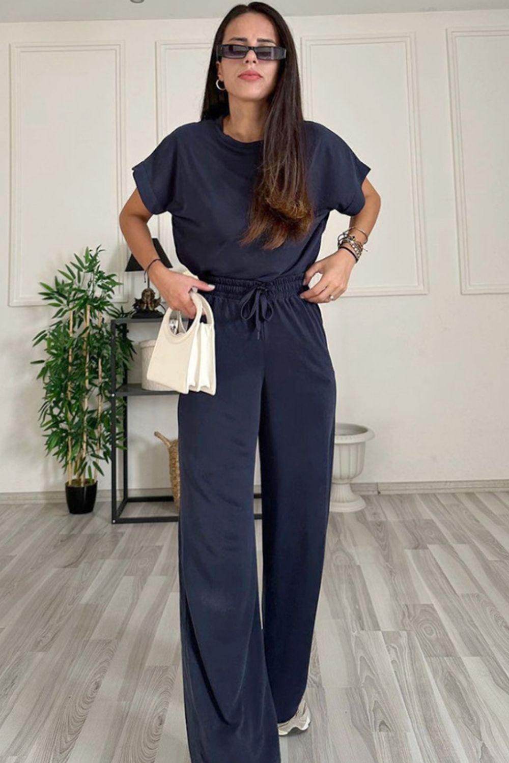 Round Neck Short Sleeve Top and Drawstring Pants Set for Women