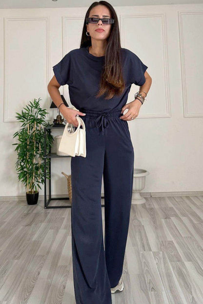 Round Neck Short Sleeve Top and Drawstring Pants Set for Women