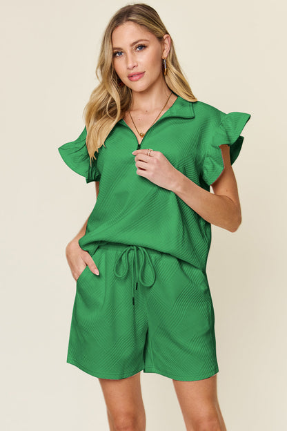 Textured Flounce Sleeve &amp; Drawstring Shorts Set