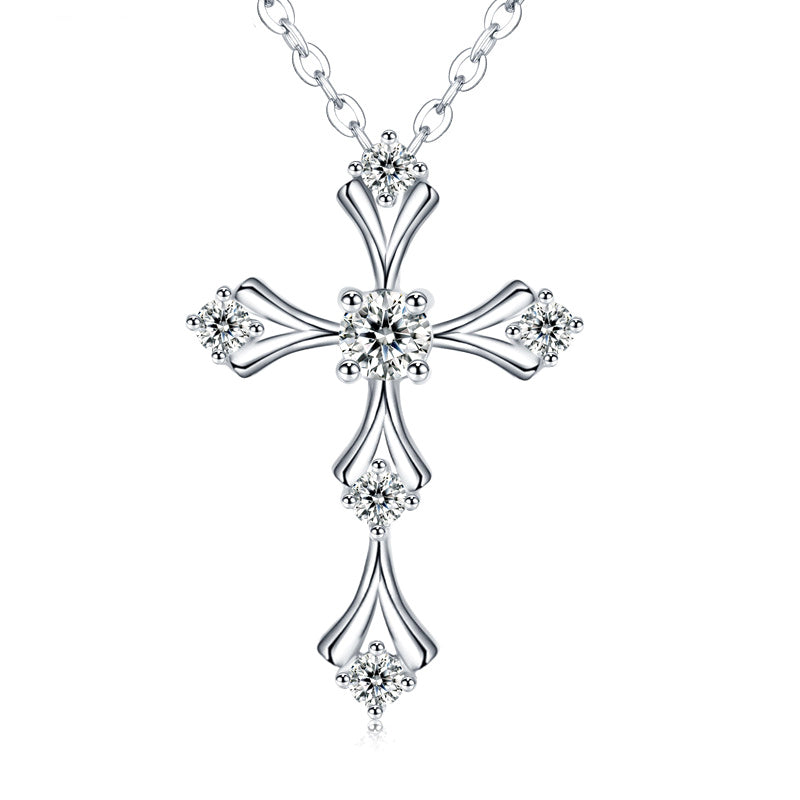S925 Sterling Silver Moissanite Cross Necklace, 3.5mm D-VVS1 Pendant, Platinum Plated 40&amp;45cm Chain, 1.7g GRA Certificate Gift Box