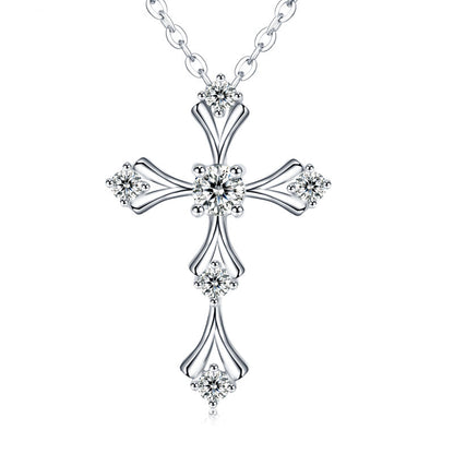 S925 Sterling Silver Moissanite Cross Necklace, 3.5mm D-VVS1 Pendant, Platinum Plated 40&amp;45cm Chain, 1.7g GRA Certificate Gift Box