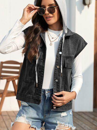 Drawstring Button Up Sleeveless Denim Jacket for Women