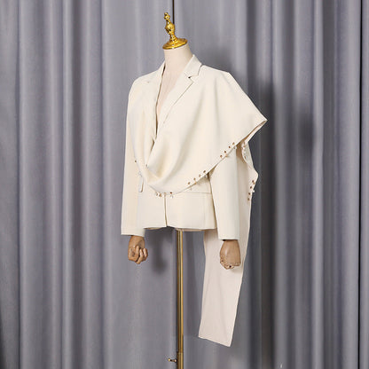Waterfall Draped Pearl Crystal Bead Trim Asymmetrical Tailored Blazer