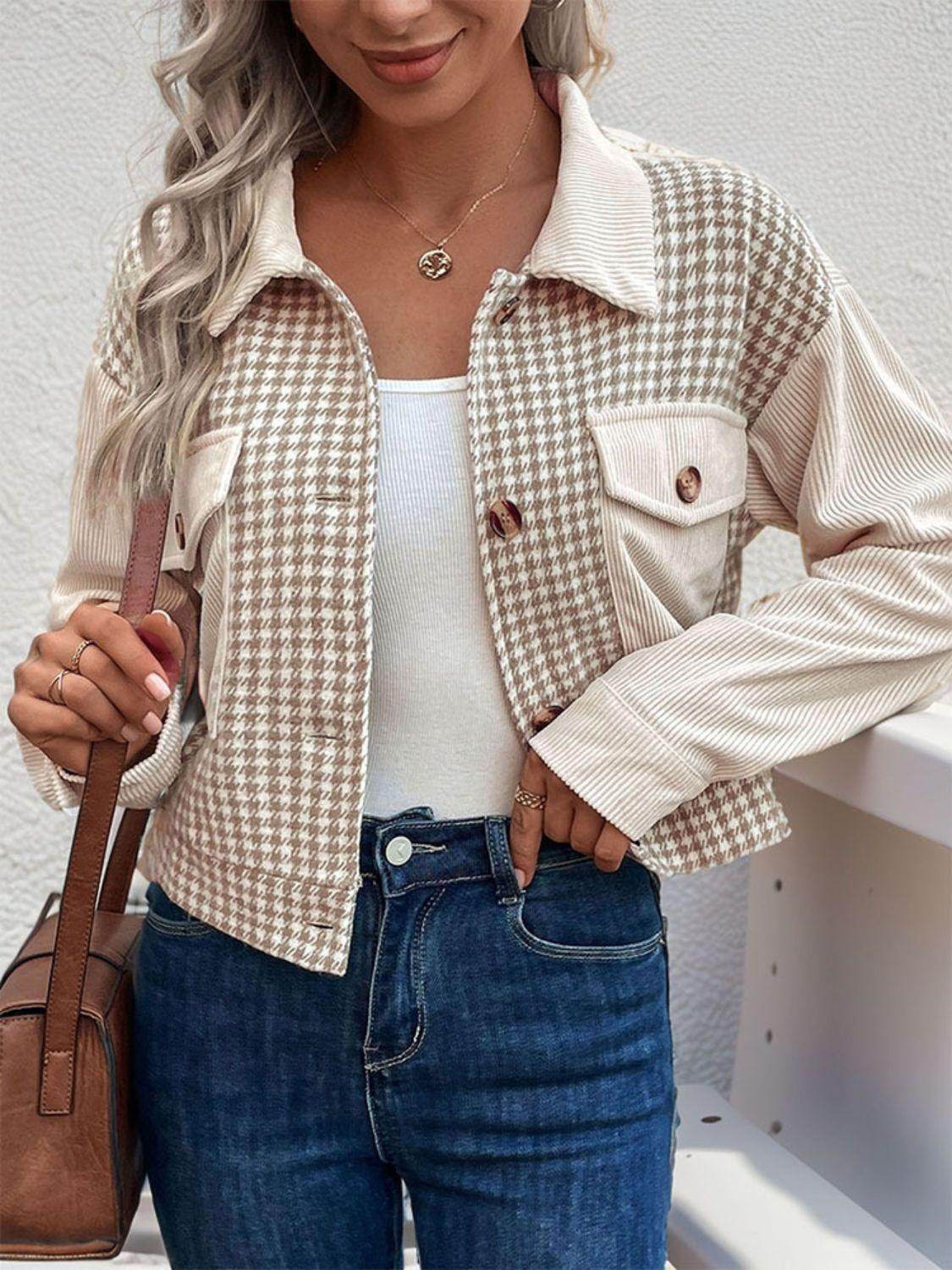 Perfee Pocketed Houndstooth Long Sleeve Jacket for Women