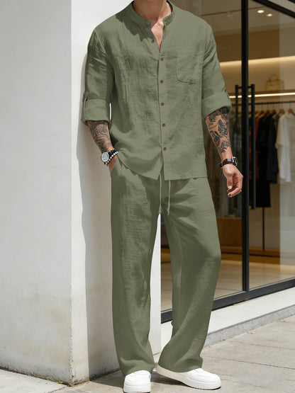 Mens Solid-Color Linen Long-Sleeve Shirt And Pants Two-Piece Set