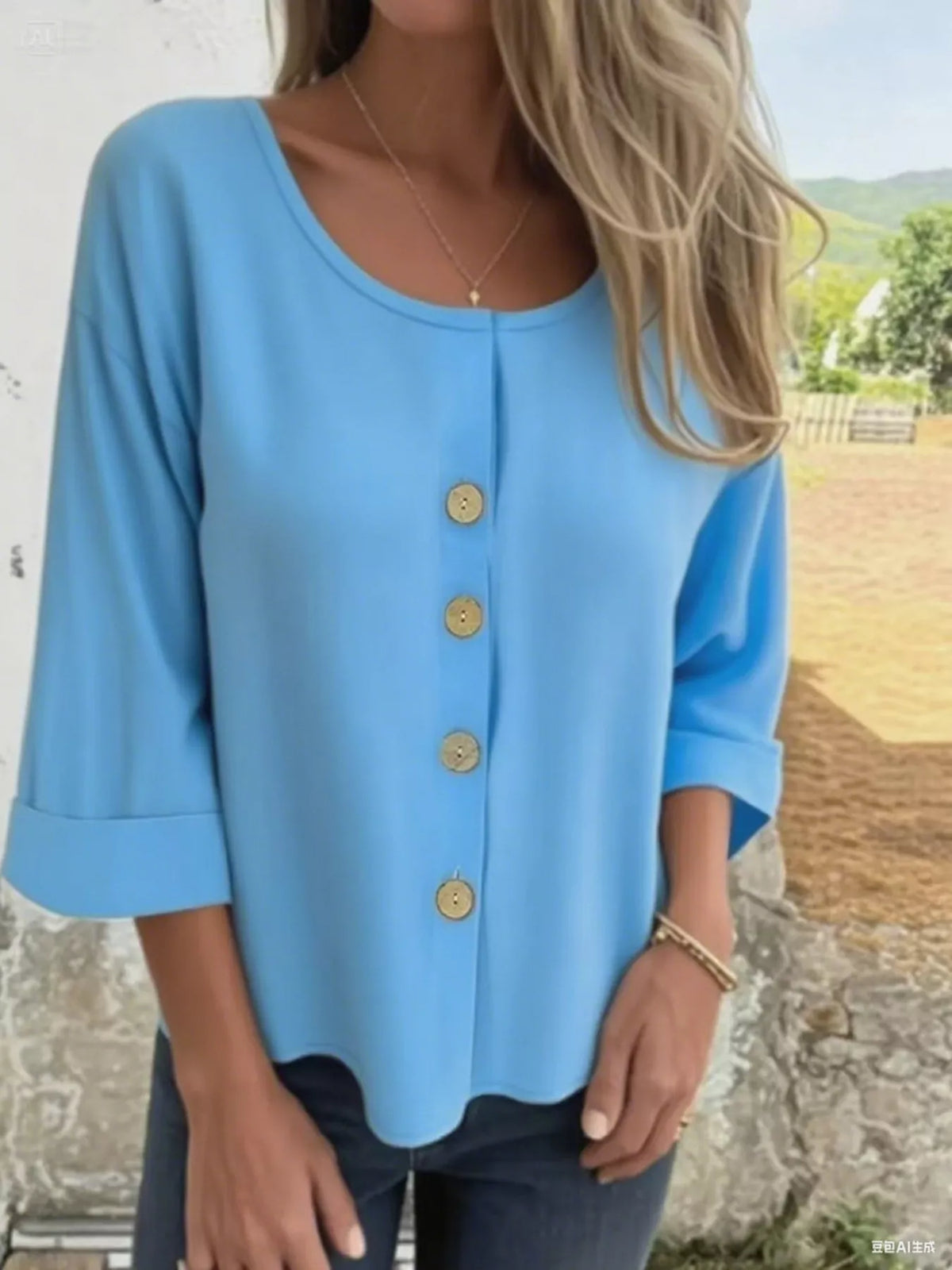 Full Size Button-Front 3/4 Sleeve Casual Blouse Plus Size