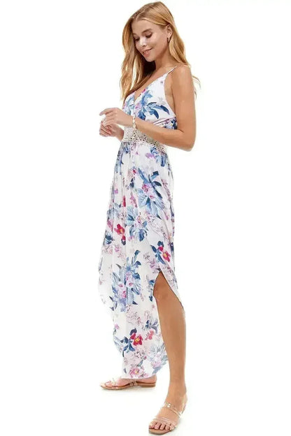 FLORAL &amp; SOLID CROCHET TULIP LEG CAMI JUMPSUIT