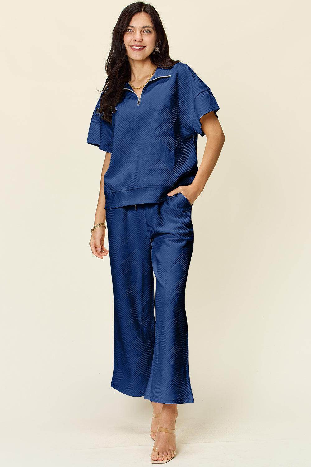 Double Take Full Size Texture Half Zip Short Sleeve Top Set