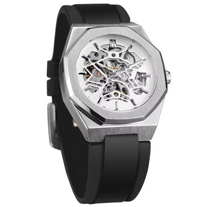 Casual Silver Hollow Skeleton Rubber-band Automatic Mechanical Watch