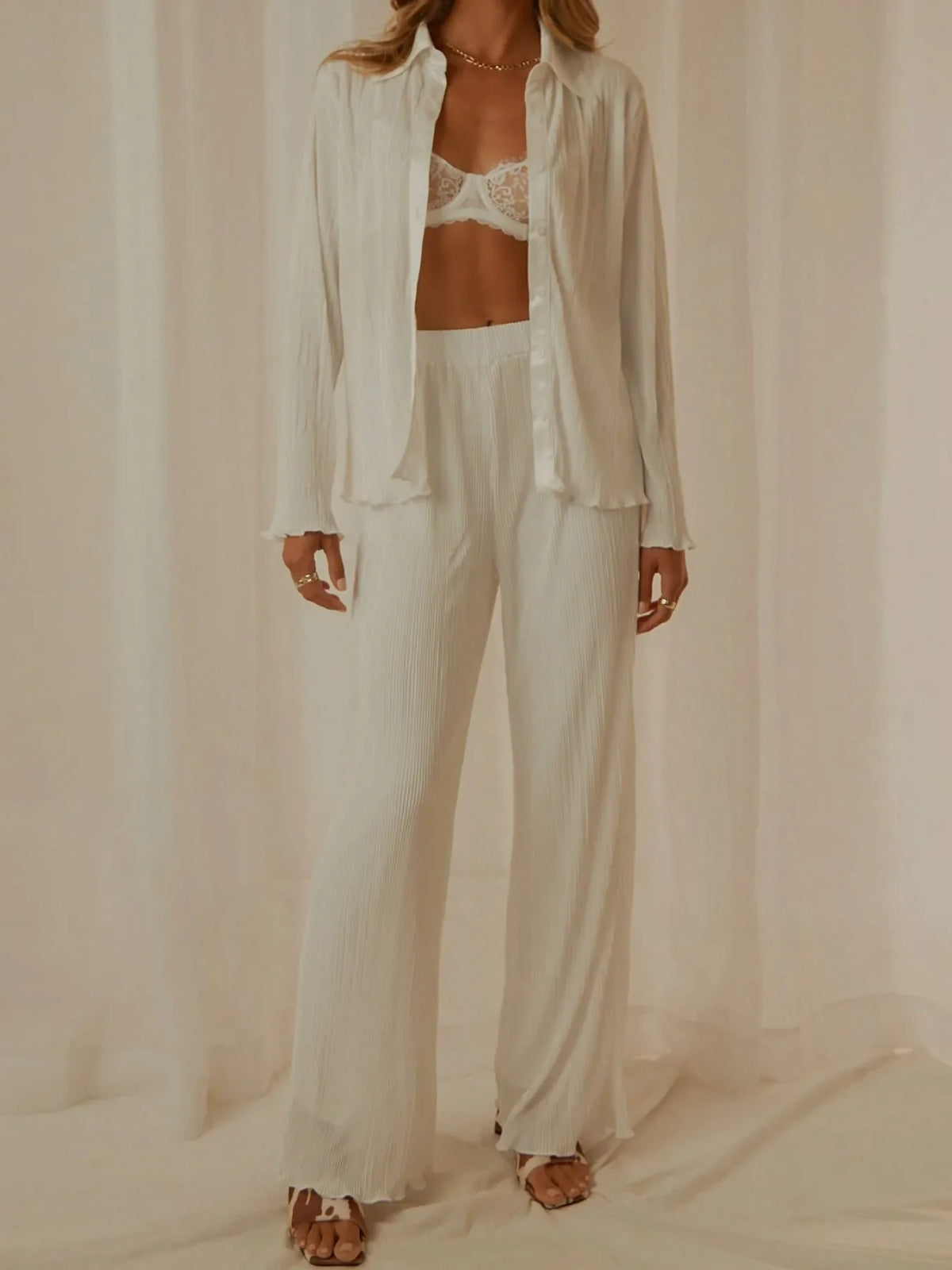 Button Up Long Sleeve Top and Pants Set