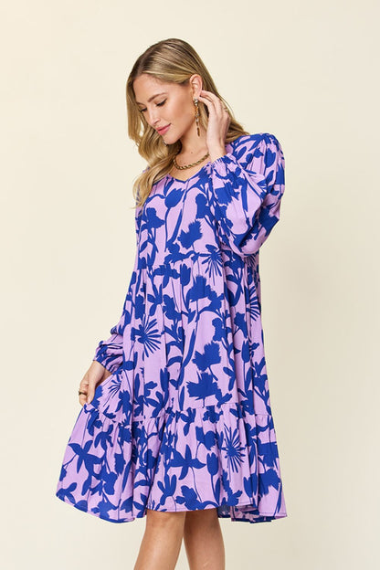 Double Take Full Size Printed Ruffle Hem Dress with Pocket Stylish &amp; Functional Women Dress