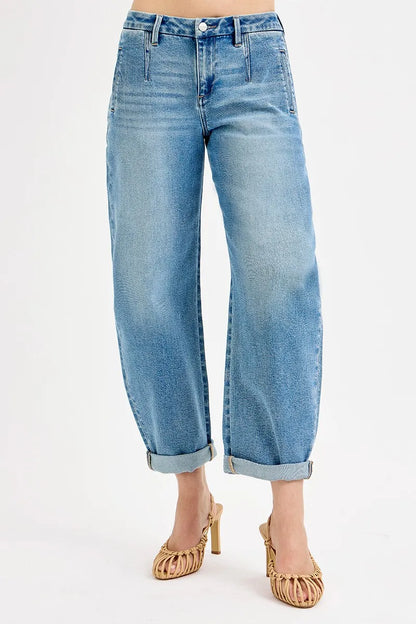 RISEN Full Size Mid Rise Fit Barrel Roll Up Jeans Plus Size