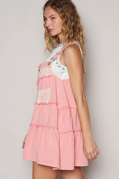 POL Lace Patchwork Detail Denim  luxury Dress