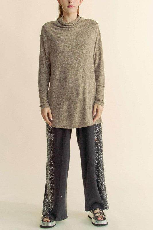 Davi &amp; Dani Slit Mock Neck Long Sleeve Top for Women