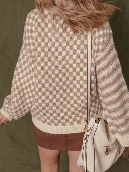 Checkerboard &amp; Striped Pattern Knit Sweater