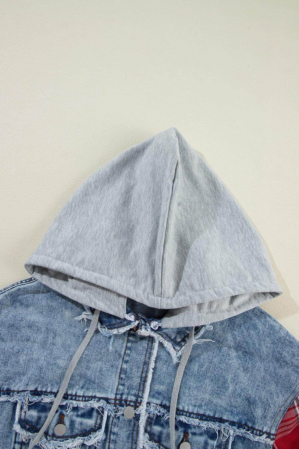 Raw Hem Drawstring Plaid Denim Jacket for Women