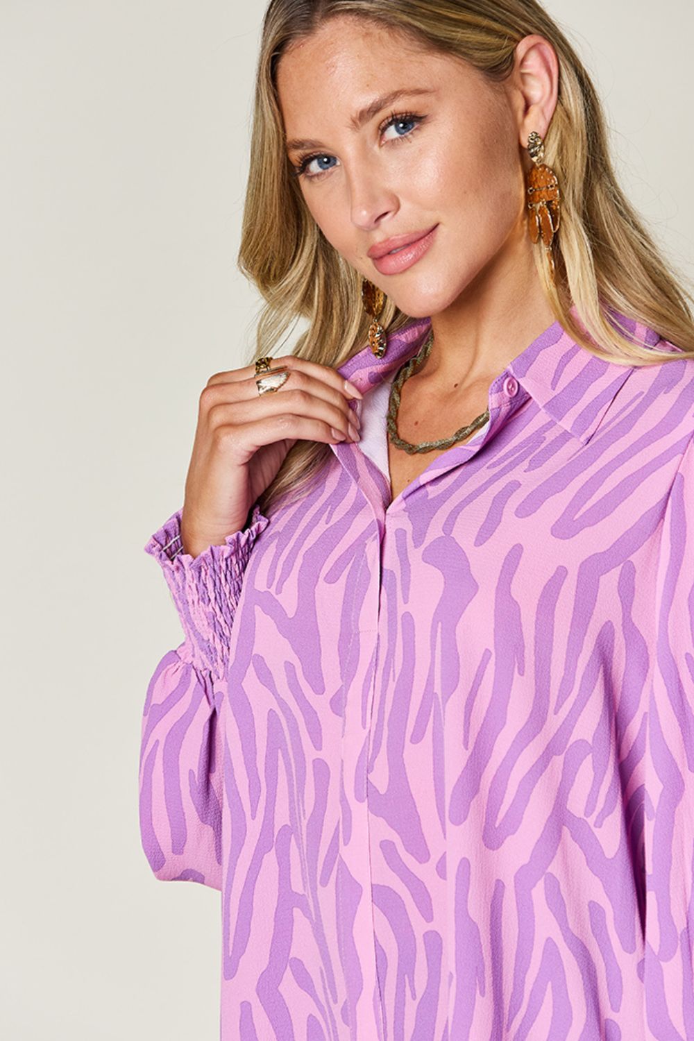 Smocked Long Sleeve Top with Alluring Print