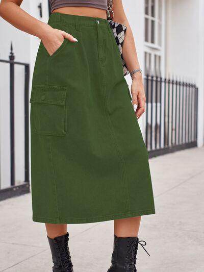 Slit Buttoned Denim Skirt with Pockets for Women