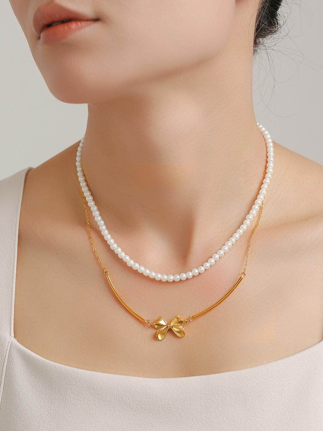 3 Piece Pearl Necklace Bow Necklace and Stud Earrings Set